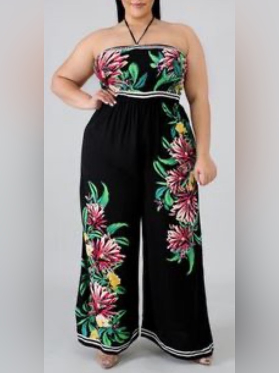 Flying Tomato Pants - Wide-leg jumpsuit/ romper w/ floral tropical print, smocked bodice. Relaxed. 3X
